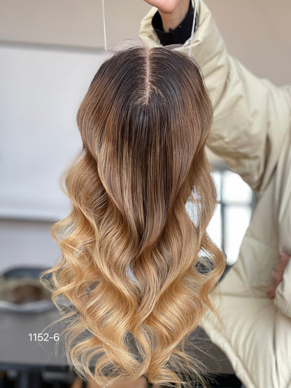 Chocolate Brown Dark-Root Caramel Highlighted Long Wavy Human Hair Topper Mini Wig, product view 4