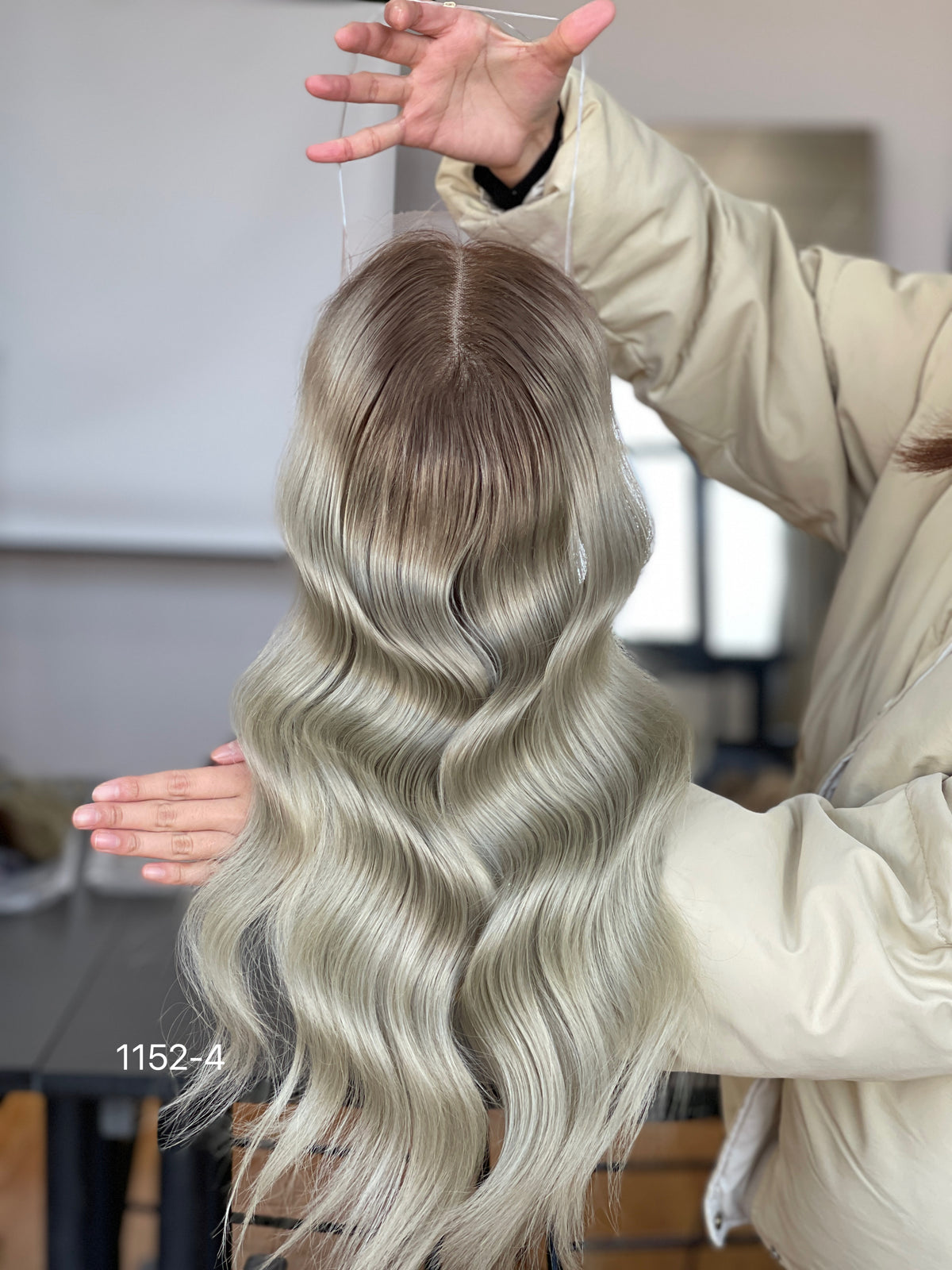 Ash Brown Dark-Root Long Wavy Human Hair Topper Mini Wig, product view 4