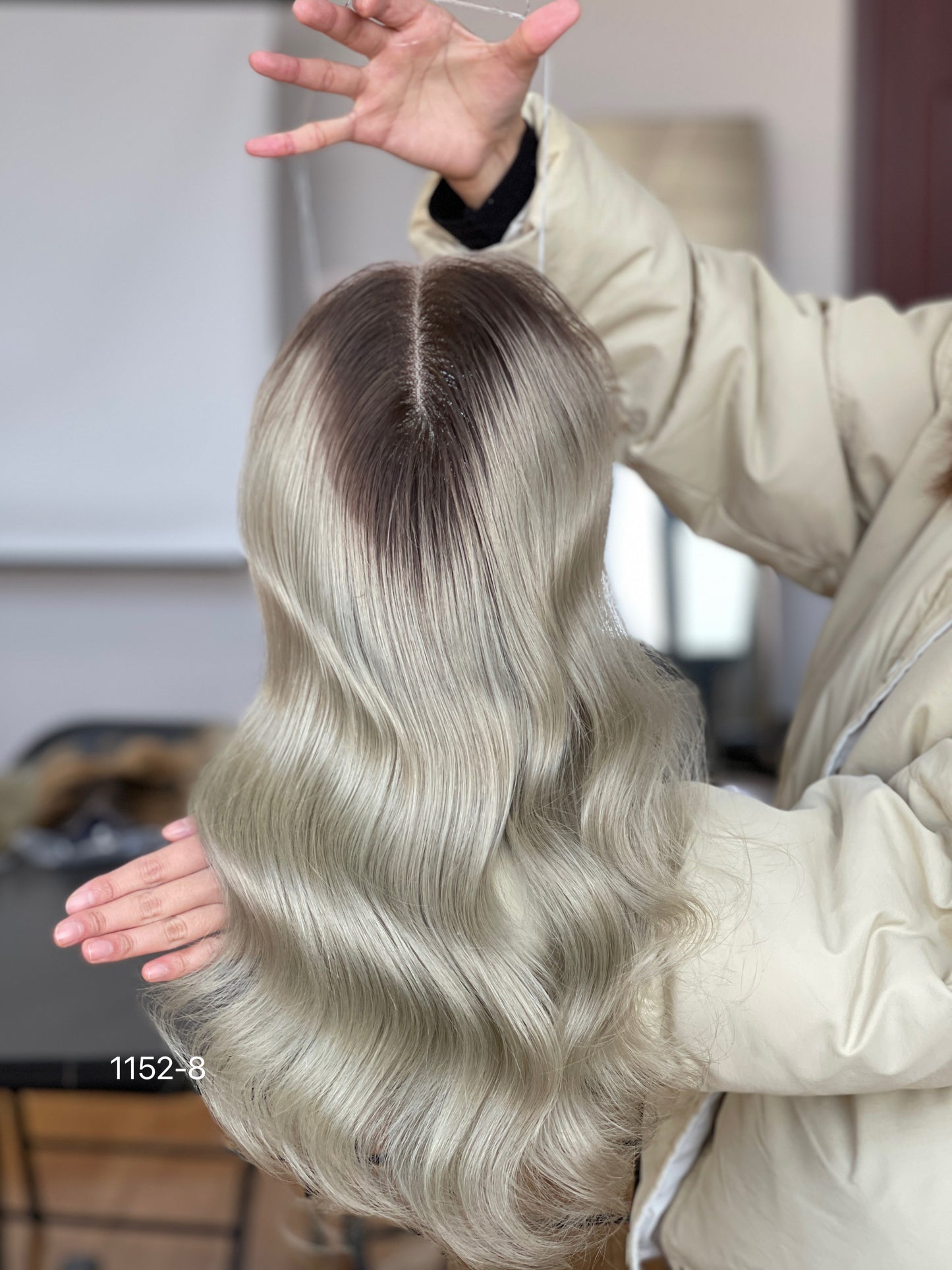 Chocolate Brown Dark-Root Blonde Highlighted Long Wavy Human Hair Topper Mini Wig, product view 4