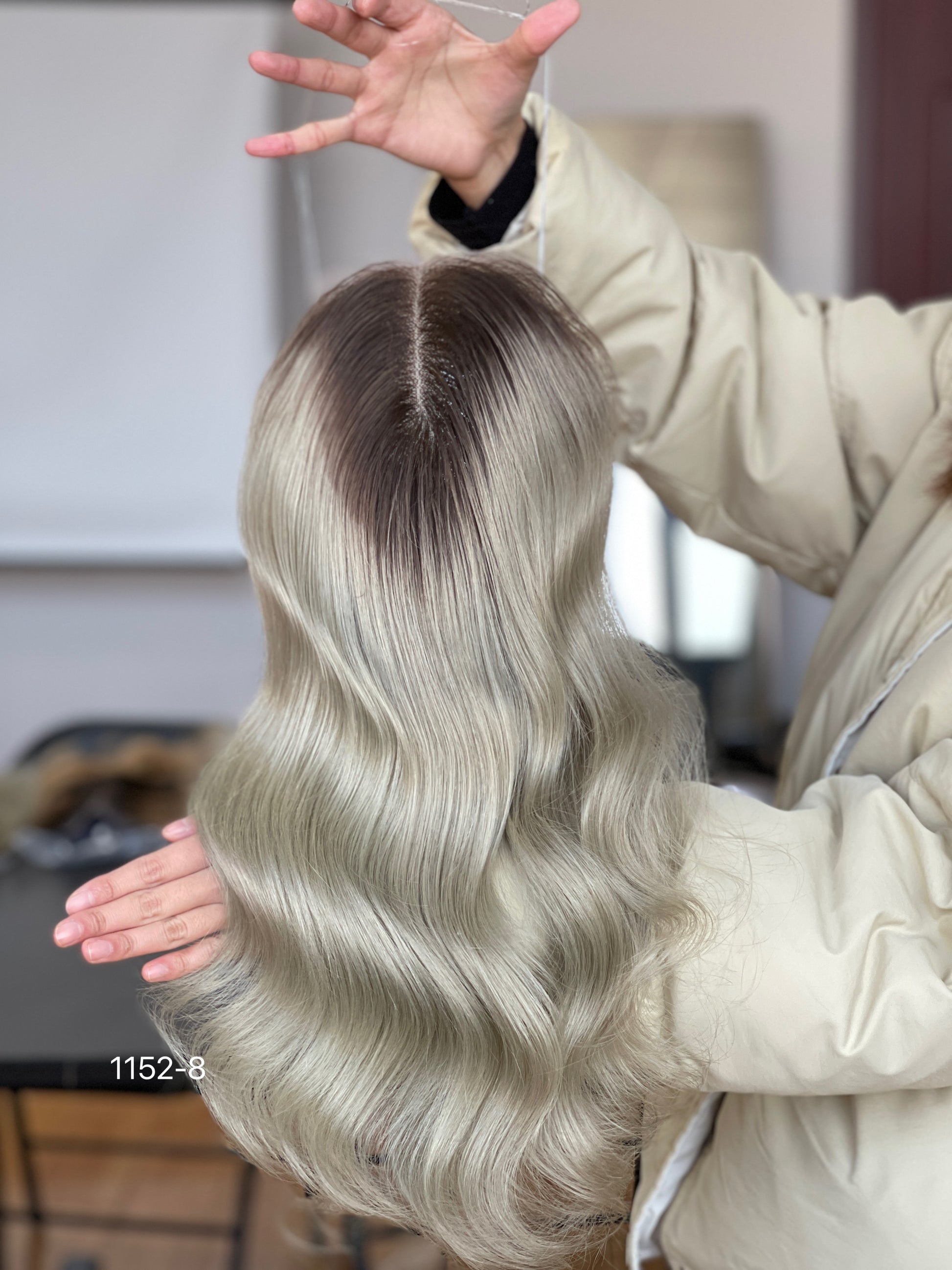 Chocolate Brown Dark-Root Blonde Highlighted Long Wavy Human Hair Topper Mini Wig, product view 4
