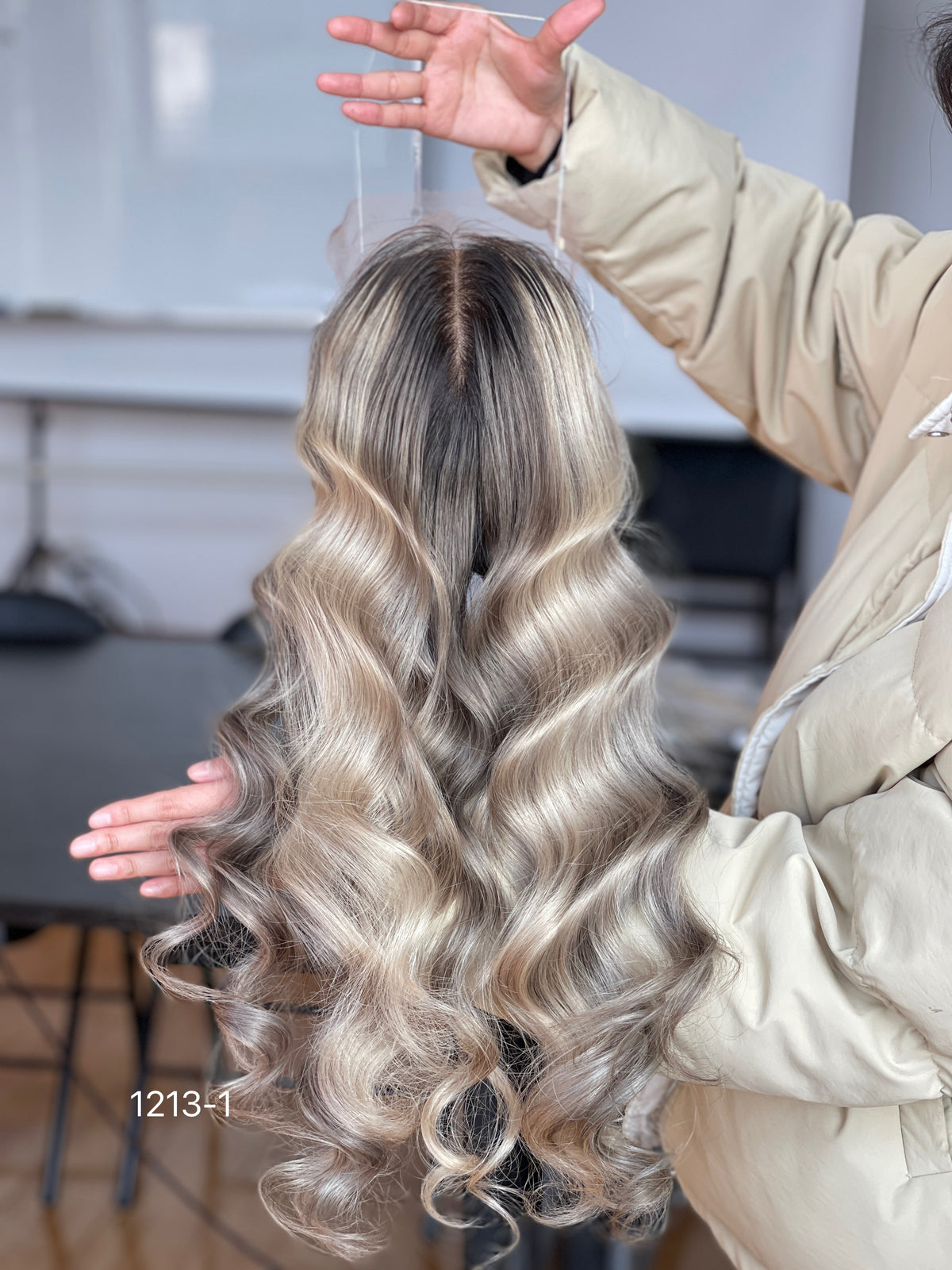 Ash Brown Dark-Root Blonde Highlighted Long Wavy Human Hair Topper Mini Wig, product view 5