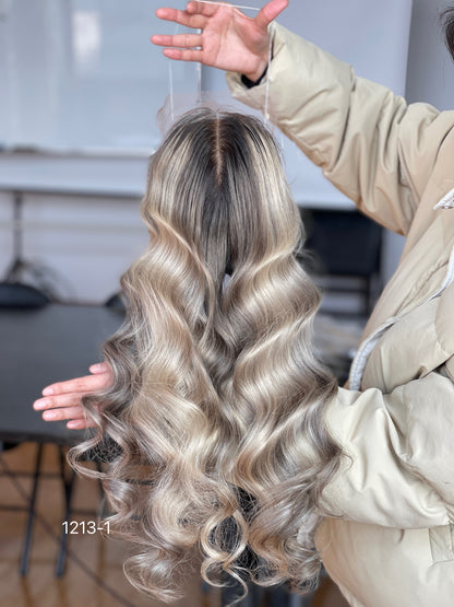 Ash Brown Dark-Root Blonde Highlighted Long Wavy Human Hair Topper Mini Wig, product view 5