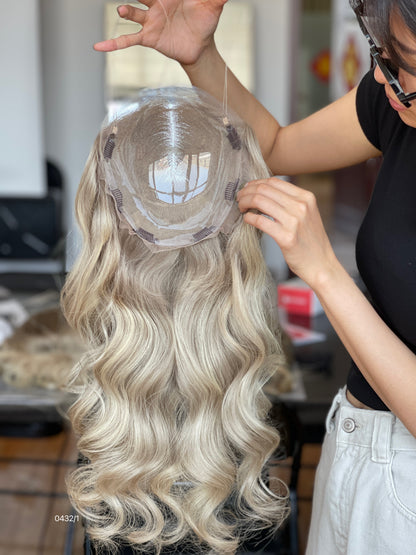 Ash Brown Dark-Root Blonde Highlighted Long Wavy Human Hair Topper Mini Wig, product view 4