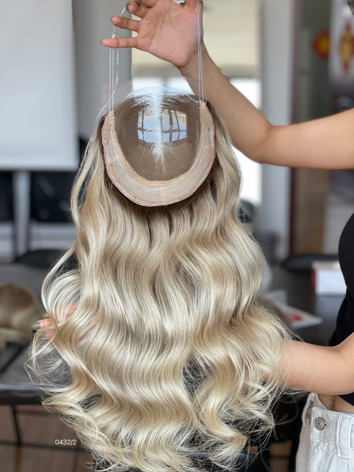 Ash Brown Dark-Root Long Wavy Human Hair Topper Mini Wig, product view 4