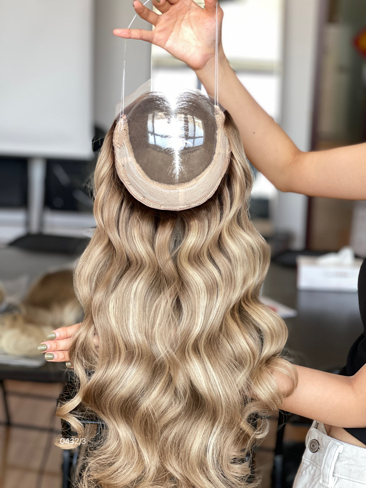 Warm Brown Dark-Root Blonde Highlighted Long Wavy Human Hair Topper Mini Wig, product view 4
