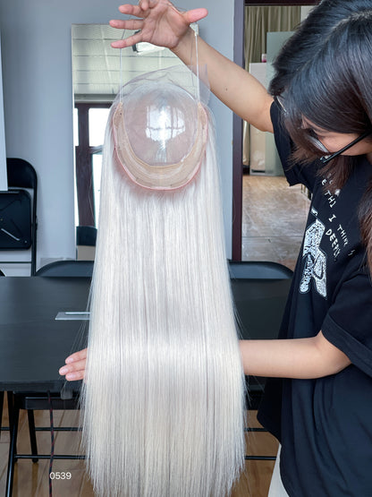 Ash Blonde Center-Part Long Straight Human Hair Topper Mini Wig, product view 4