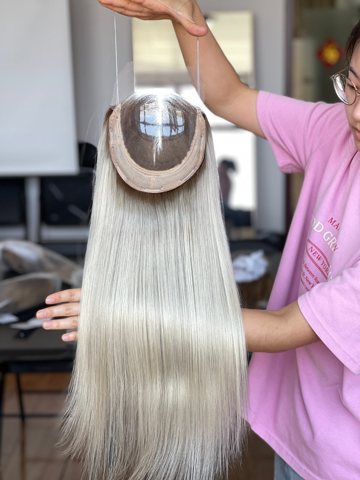 Chocolate Brown Center-Part Long Straight Human Hair Topper Mini Wig, product view 5