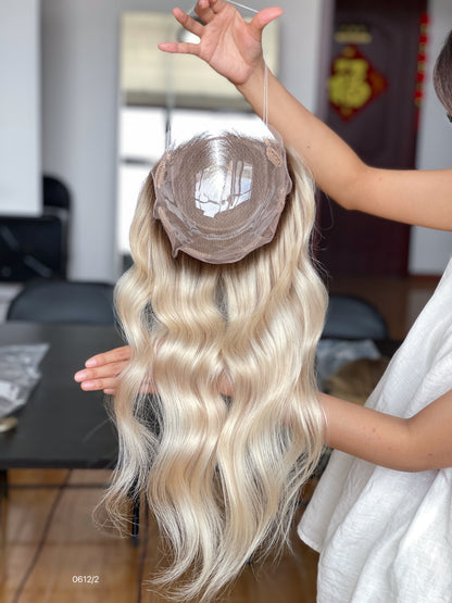 Light Blonde Dark-Root Center-Part Long Wavy Human Hair Topper Mini Wig, product view 4