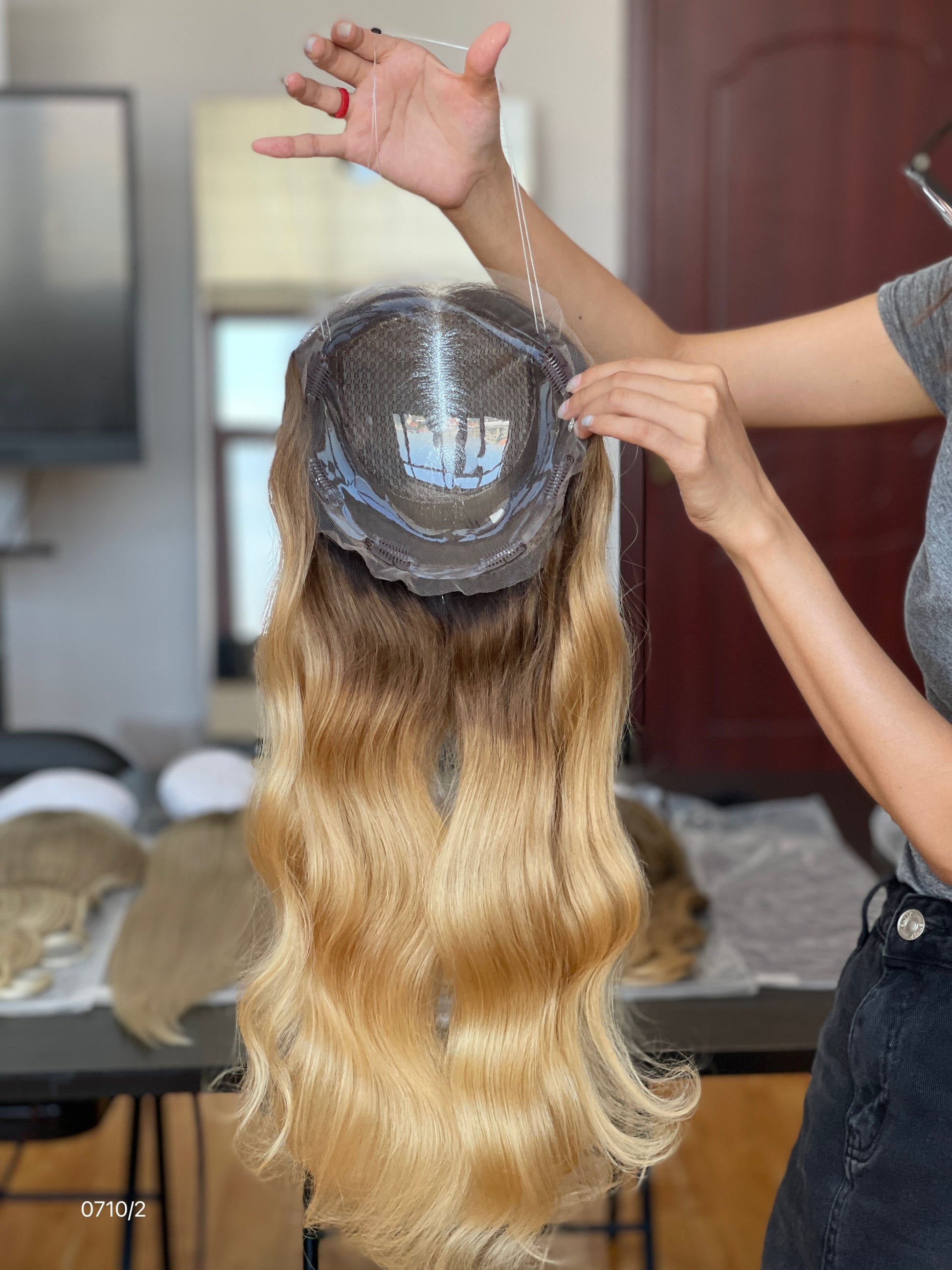 Warm Brown Dark-Root Blonde Highlighted Long Wavy Human Hair Topper Mini Wig, product view 4