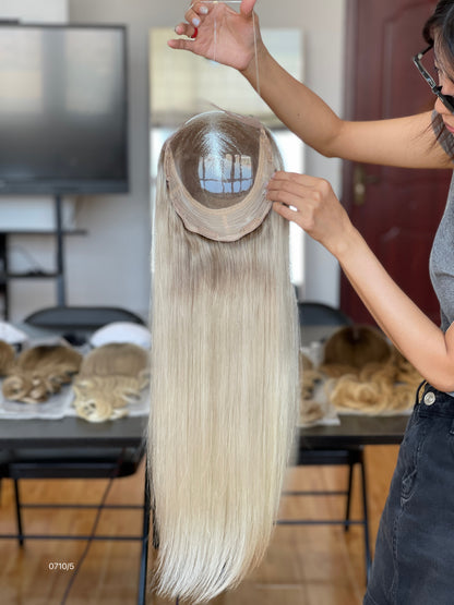 Ash Brown Center-Part Long Straight Human Hair Topper Mini Wig, product view 4