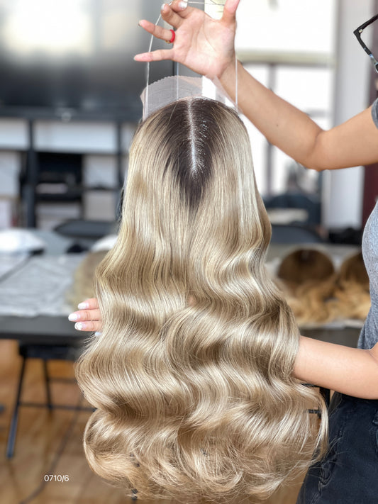 Chocolate Brown Dark-Root Long Wavy Human Hair Topper Mini Wig, product view 2 — alternate view