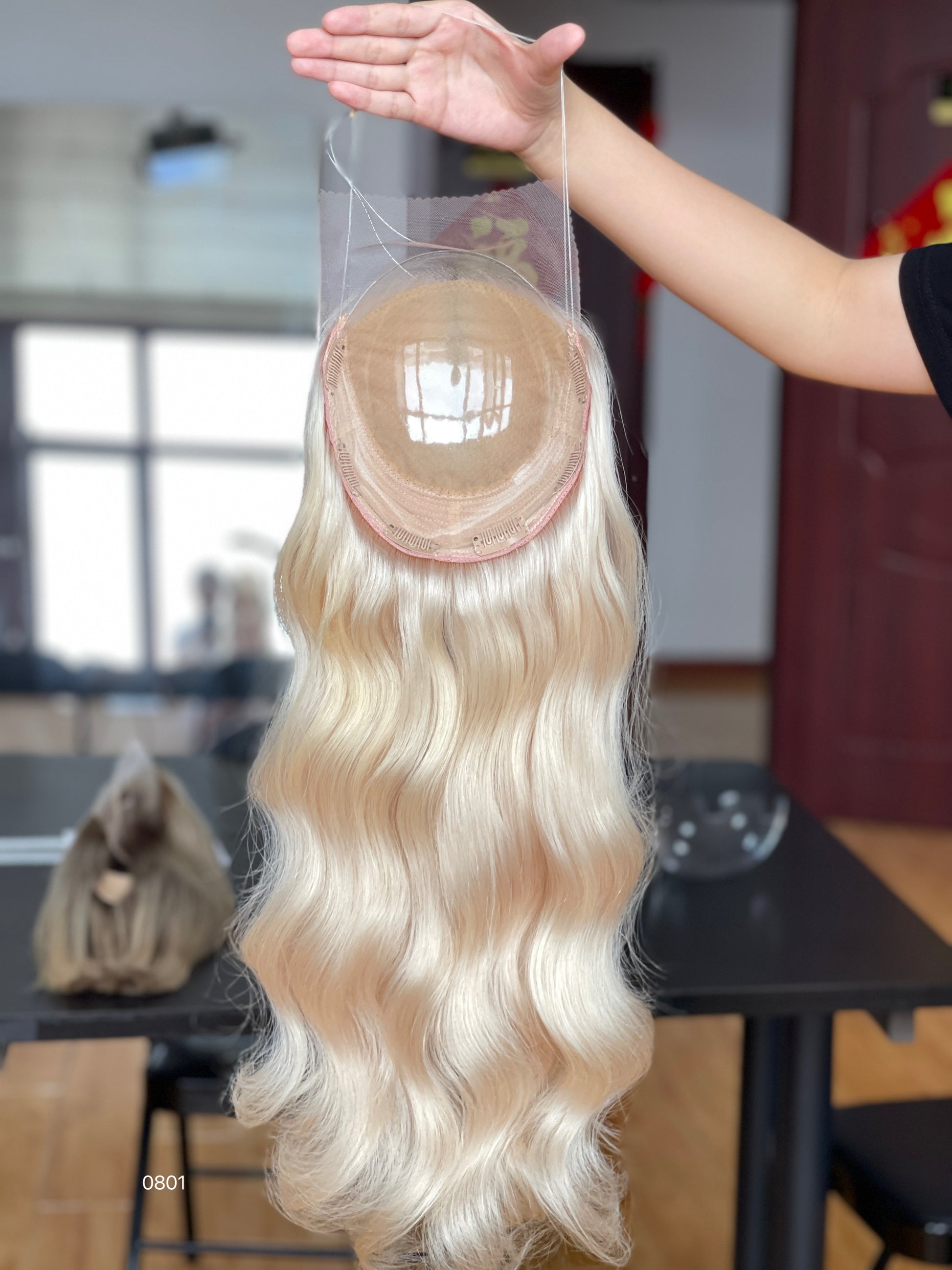 Ash Blonde Center-Part Long Wavy Human Hair Topper Mini Wig, product view 4