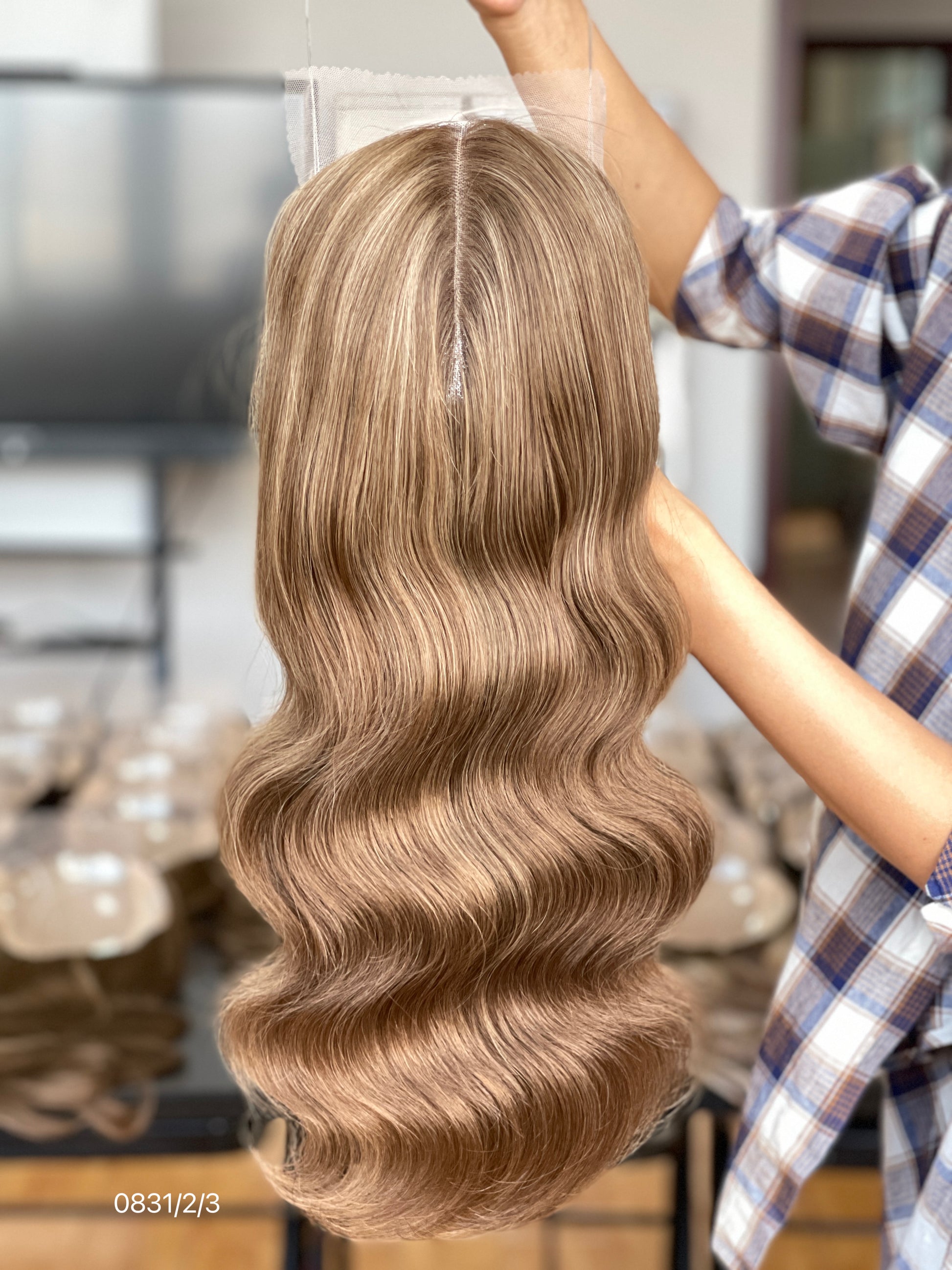 Chocolate Brown Center-Part Long Wavy Human Hair Topper Mini Wig, product view 2
