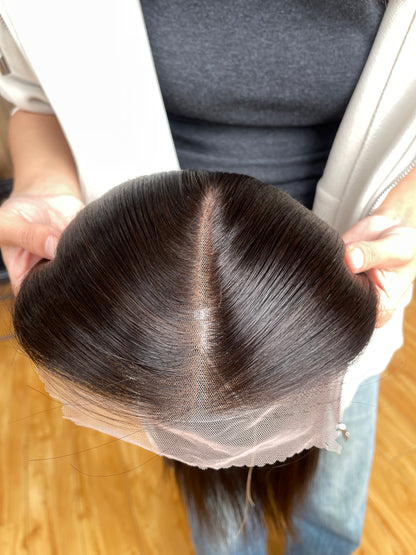 Chocolate Brown Long Straight Human Hair Topper Mini Wig, product view 6