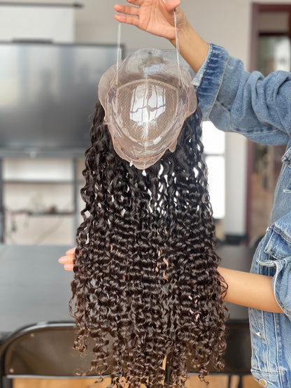 Natural Brown Long Curly Human Hair Topper Mini Wig, product view 6