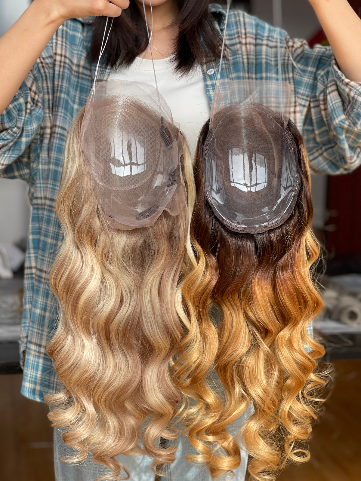 Warm Brown Blonde Highlighted Long Wavy Human Hair Topper Mini Wig, product view 6