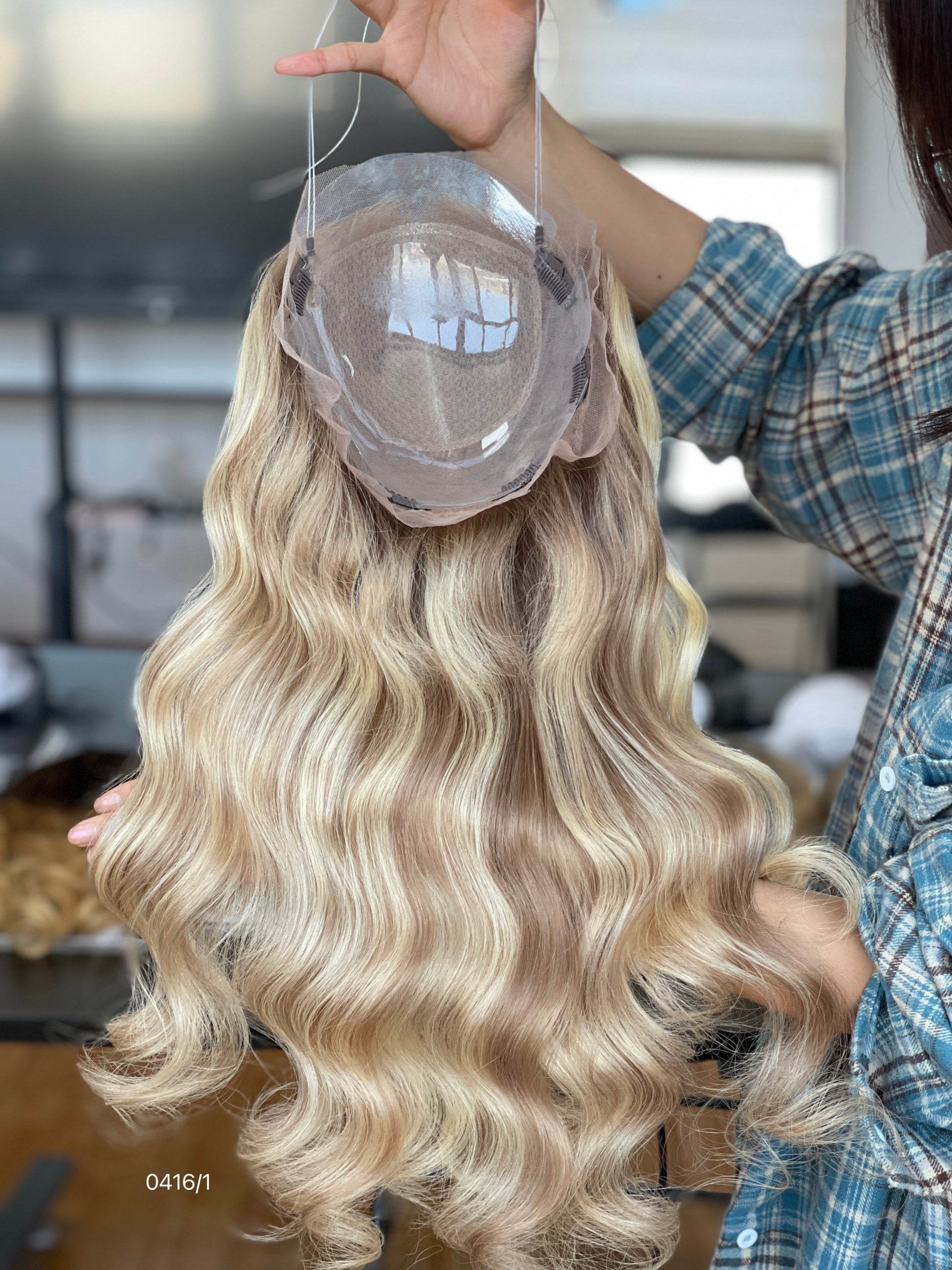 Chocolate Brown Rooted Blonde Long Wavy Human Hair Topper Mini Wig, product view 5