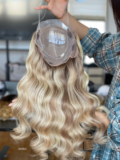Chocolate Brown Rooted Blonde Long Wavy Human Hair Topper Mini Wig, product view 5