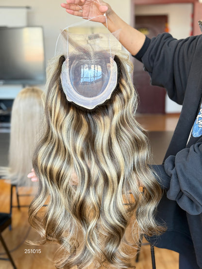 Chocolate Brown Rooted Blonde Long Wavy Human Hair Topper Mini Wig, product view 5