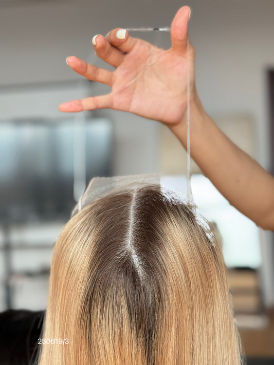 Copper Brown Long Straight Human Hair Topper Mini Wig, product view 2 — alternate view
