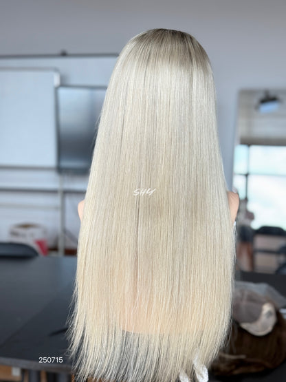 Light Blonde Middle-Part Long Straight Human Hair Lace Front Glueless Medical Wig, product view 6