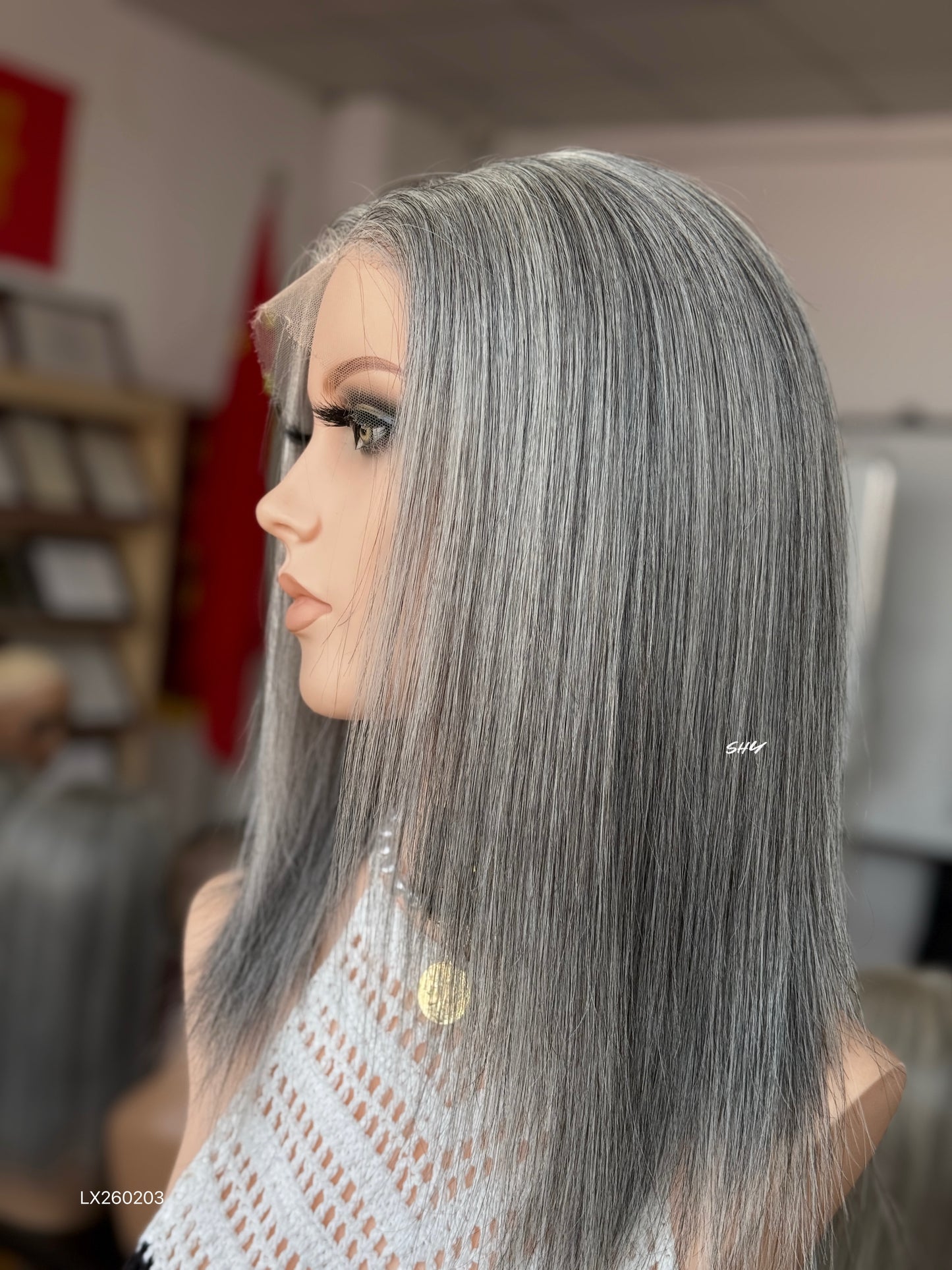 Silver Gray Middle-Part Straight Human Hair Lace Front Glueless Medical Wig, product view 6