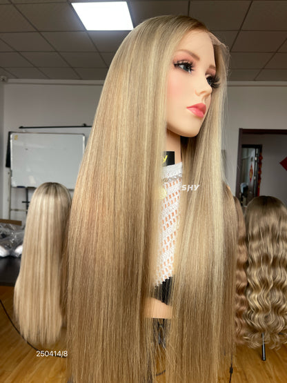 Light Honey Blonde Middle-Part Straight Human Hair Lace Front Glueless Medical Wig, product view 6