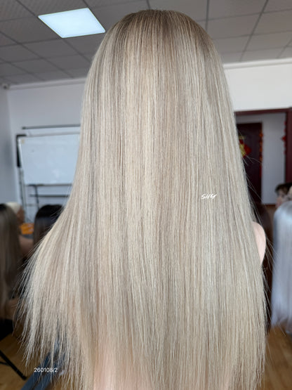 Dark Root Ash Blonde Highlighted Middle-Part Straight Human Hair Lace Front Glueless Medical Wig, product view 6