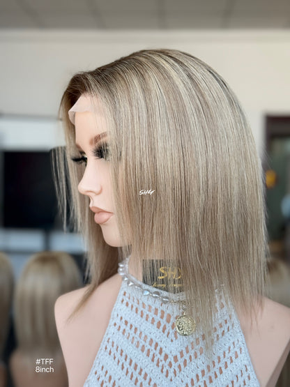 Dark Root Ash Blonde Highlighted Side-Part Straight Bob Human Hair Lace Front Glueless Medical Wig, product view 6