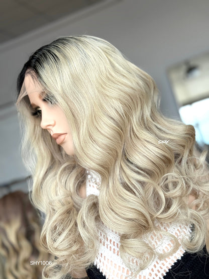 Black Root Blonde Middle-Part Loose Wave Human Hair Lace Front Glueless Medical Wig, product view 6