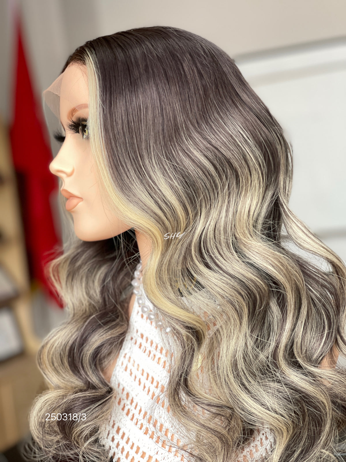 Ash Brown Blonde Highlighted Middle-Part Body Wave Human Hair Lace Front Glueless Medical Wig, product view 6