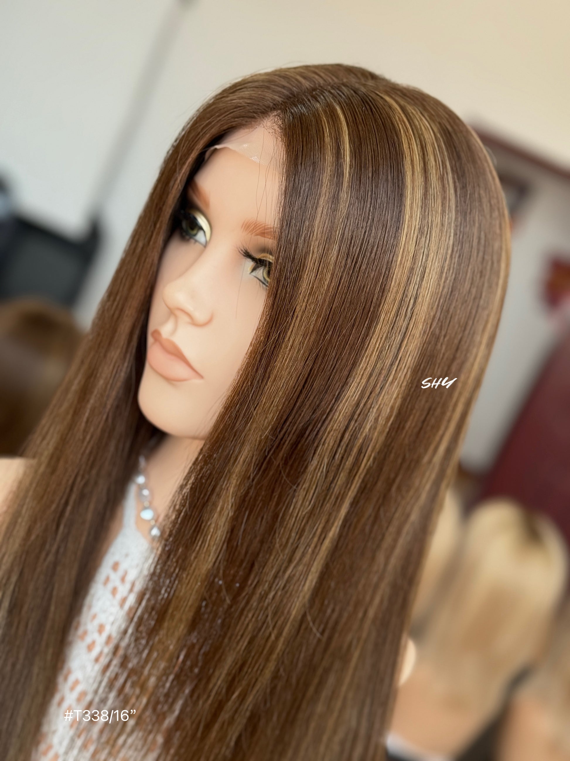 Chocolate Brown Highlighted Middle-Part Long Straight Human Hair Lace Front Glueless Medical Wig, product view 6