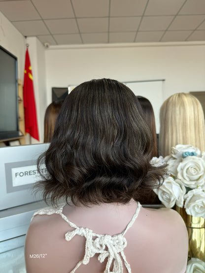 Dark Ash Brown Middle-Part Short Wavy Bob Human Hair Sheitel Wig, product view 6