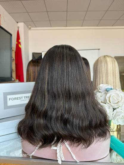 Dark Ash Brown Middle-Part Shoulder-Length Wavy Human Hair Sheitel Wig, product view 6