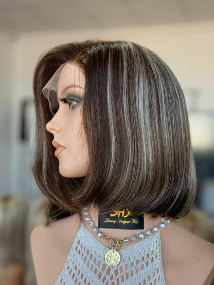 Highlighted Ash Brown Side-Part Short Bob Human Hair Sheitel Wig, product view 6