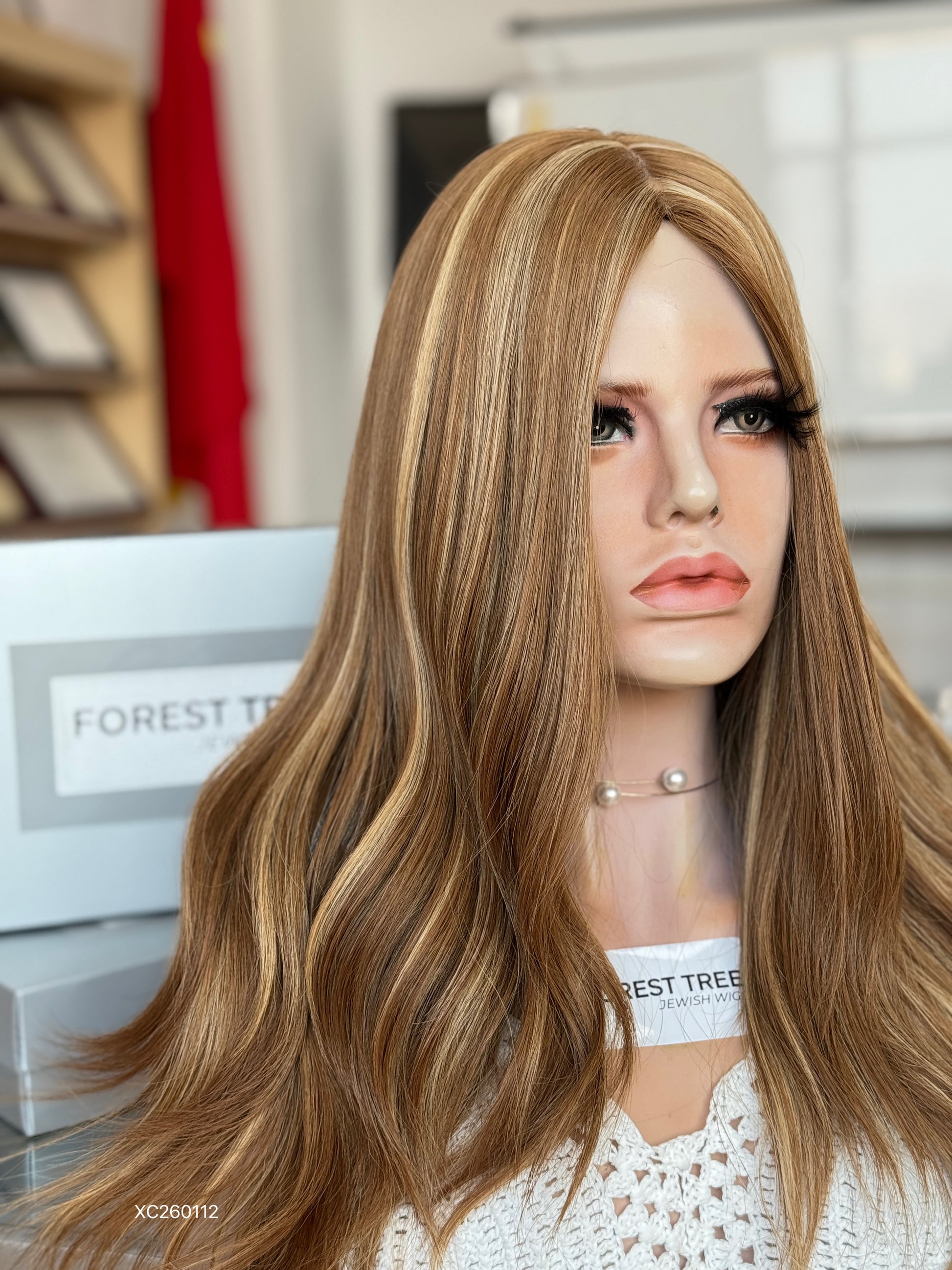 Honey Blonde Middle-Part Long Wavy Human Hair Sheitel Wig, product view 6