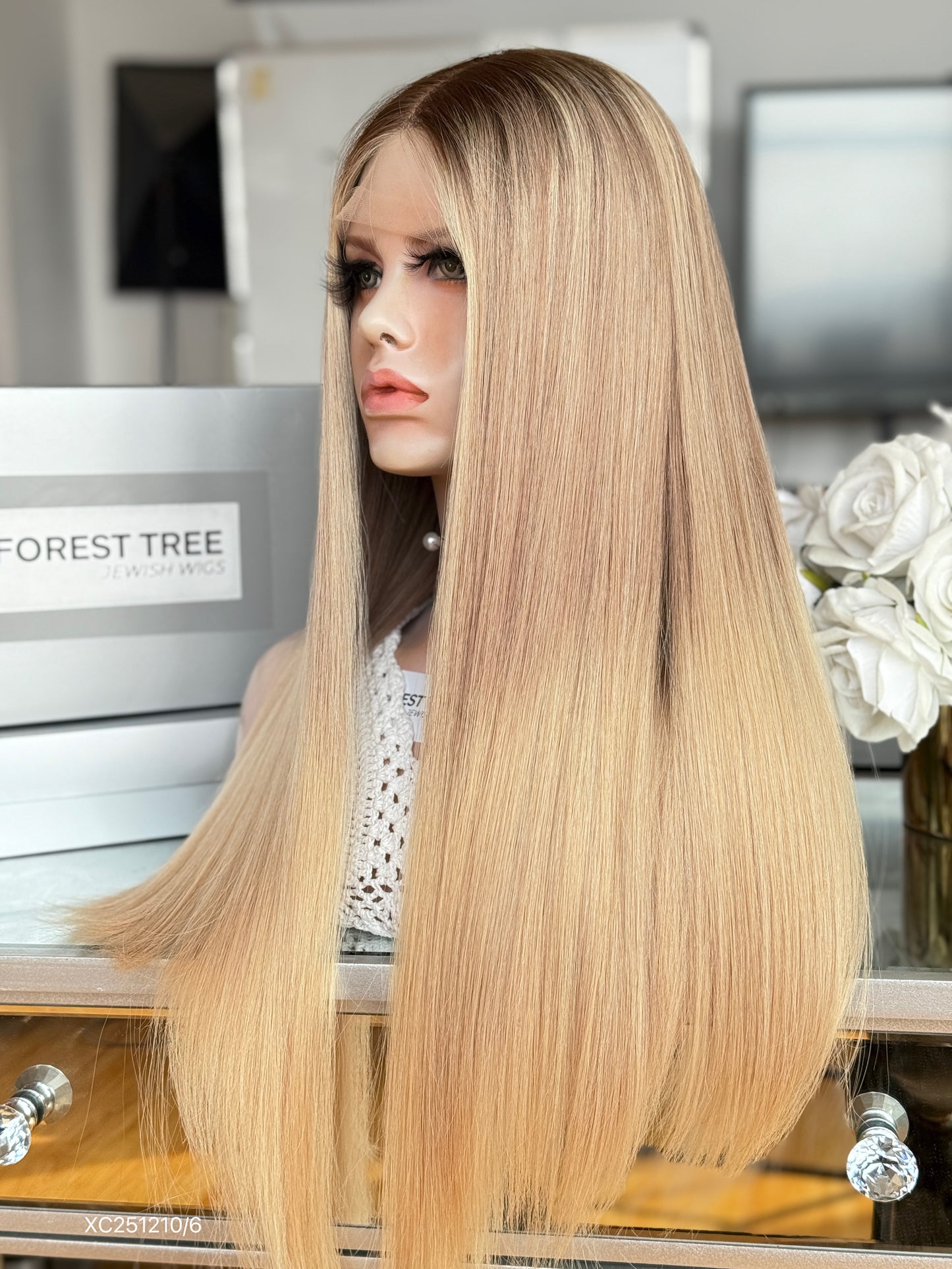 Champagne Blonde Middle-Part Long Straight Human Hair Sheitel Wig, product view 6