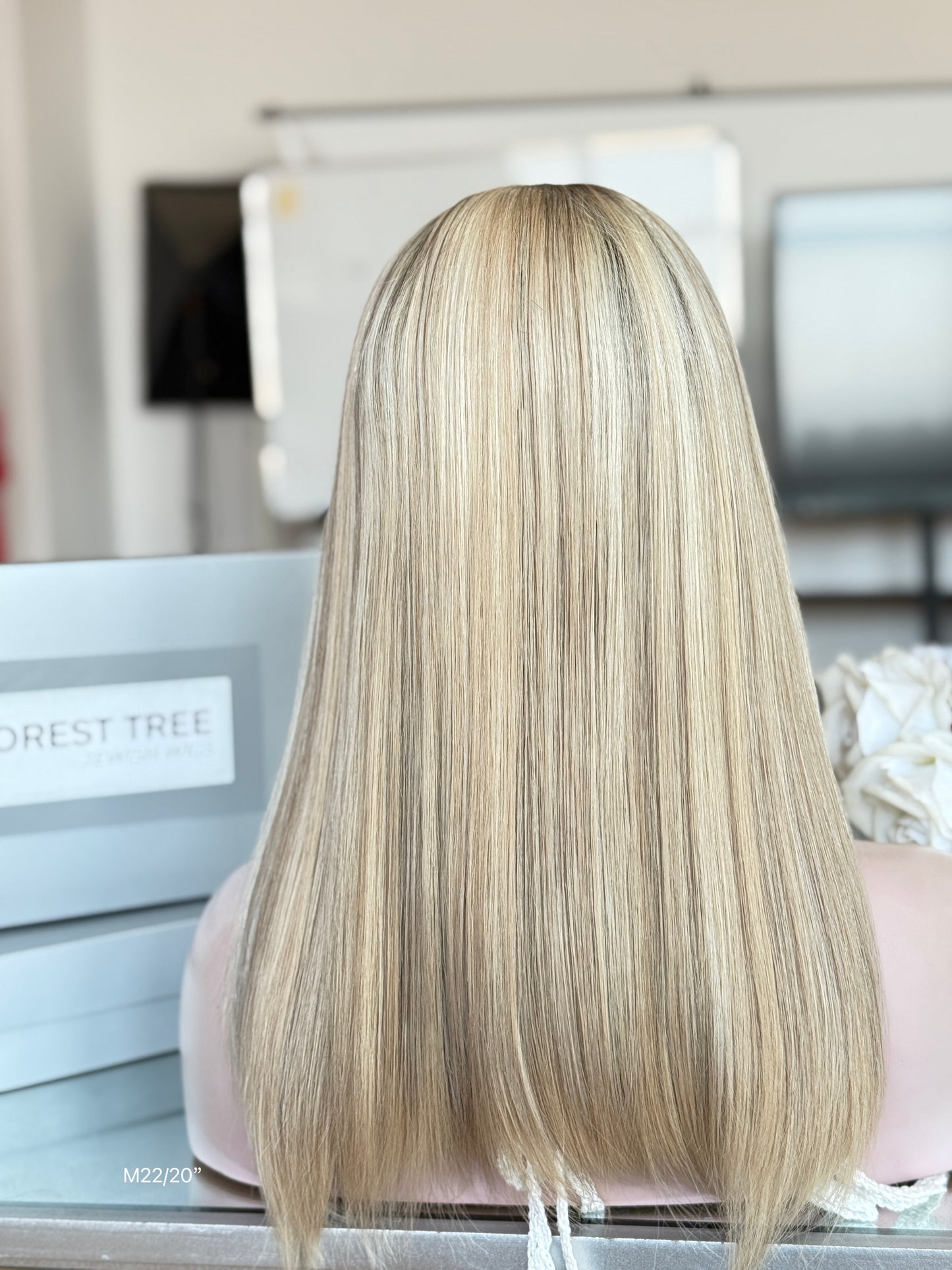 Cream Highlighted Blonde Middle-Part Long Straight Human Hair Sheitel Wig, product view 6