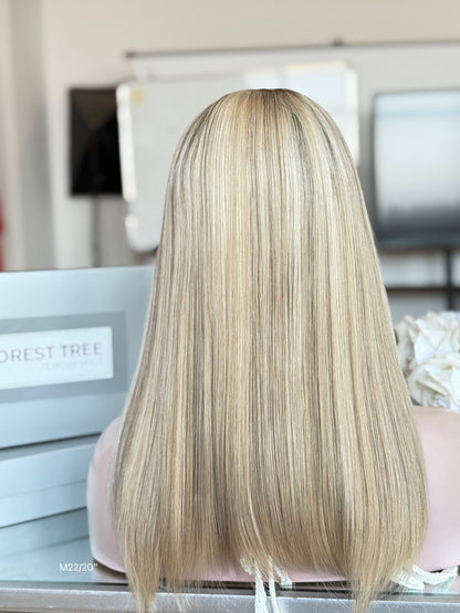 Cream Highlighted Blonde Middle-Part Long Straight Human Hair Sheitel Wig, product view 6