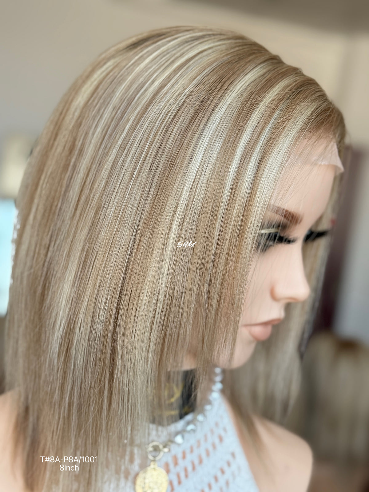 Natural Brown Root Blonde Highlighted Side-Part Straight Bob Human Hair Lace Front Glueless Medical Wig, product view 7