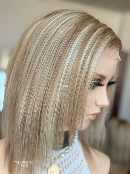 Natural Brown Root Blonde Highlighted Side-Part Straight Bob Human Hair Lace Front Glueless Medical Wig, product view 7