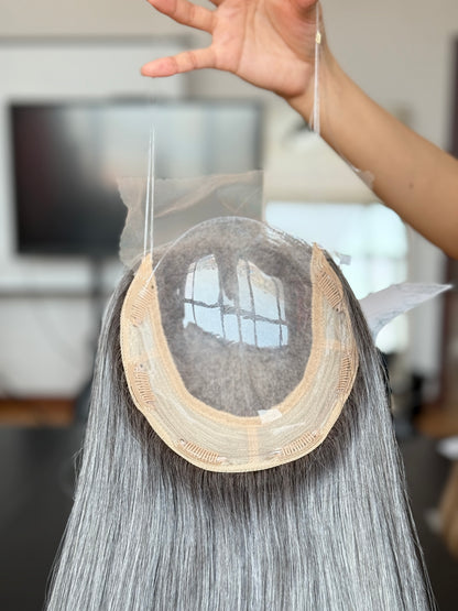Silver Ash Blonde Long Straight Human Hair Topper Mini Wig, product view 7