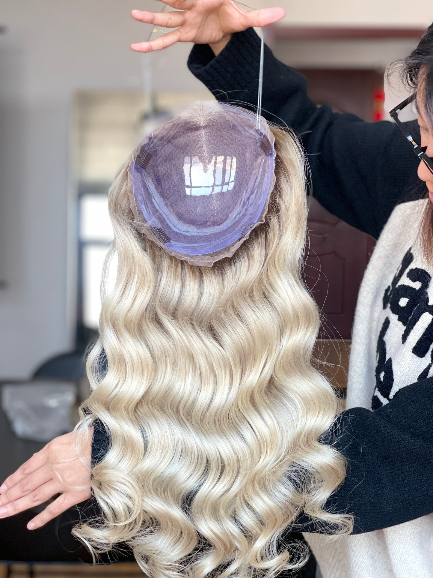 Ash Blonde Center-Part Long Wavy Human Hair Topper Mini Wig, product view 7