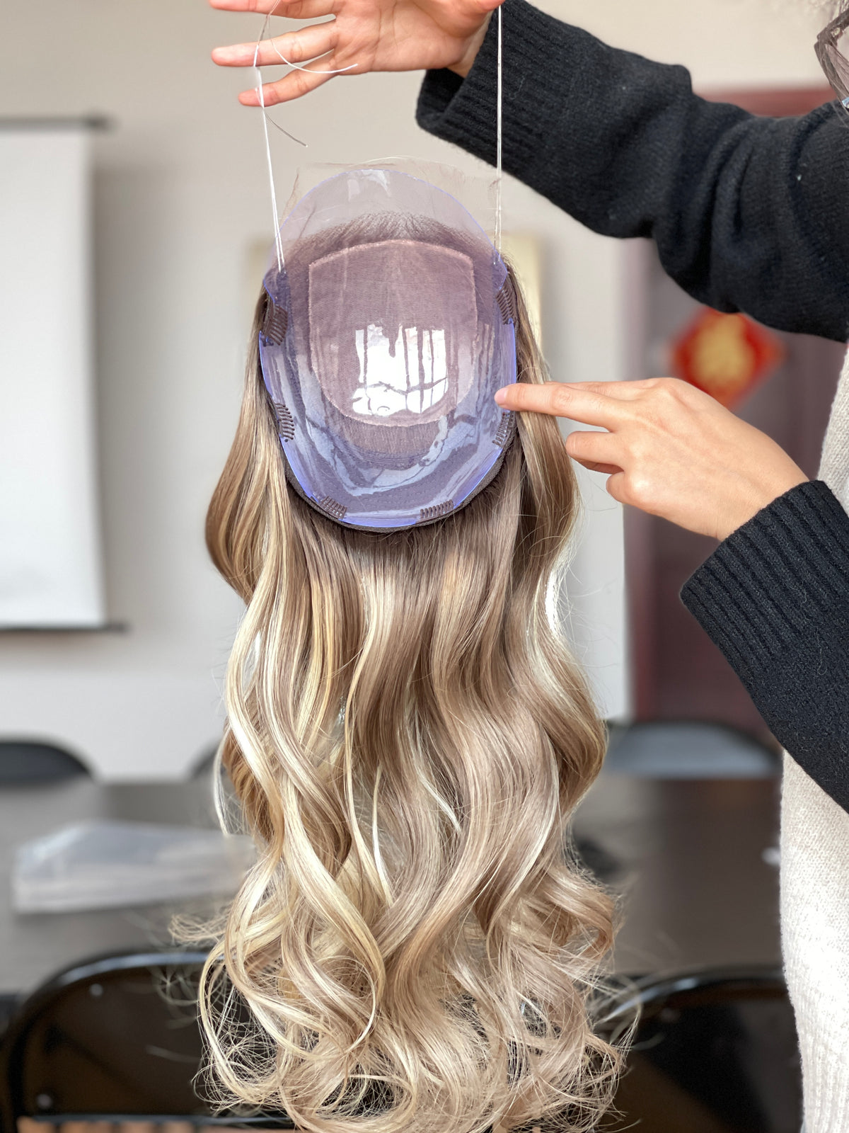 Ash Blonde Center-Part Long Wavy Human Hair Topper Mini Wig, product view 7