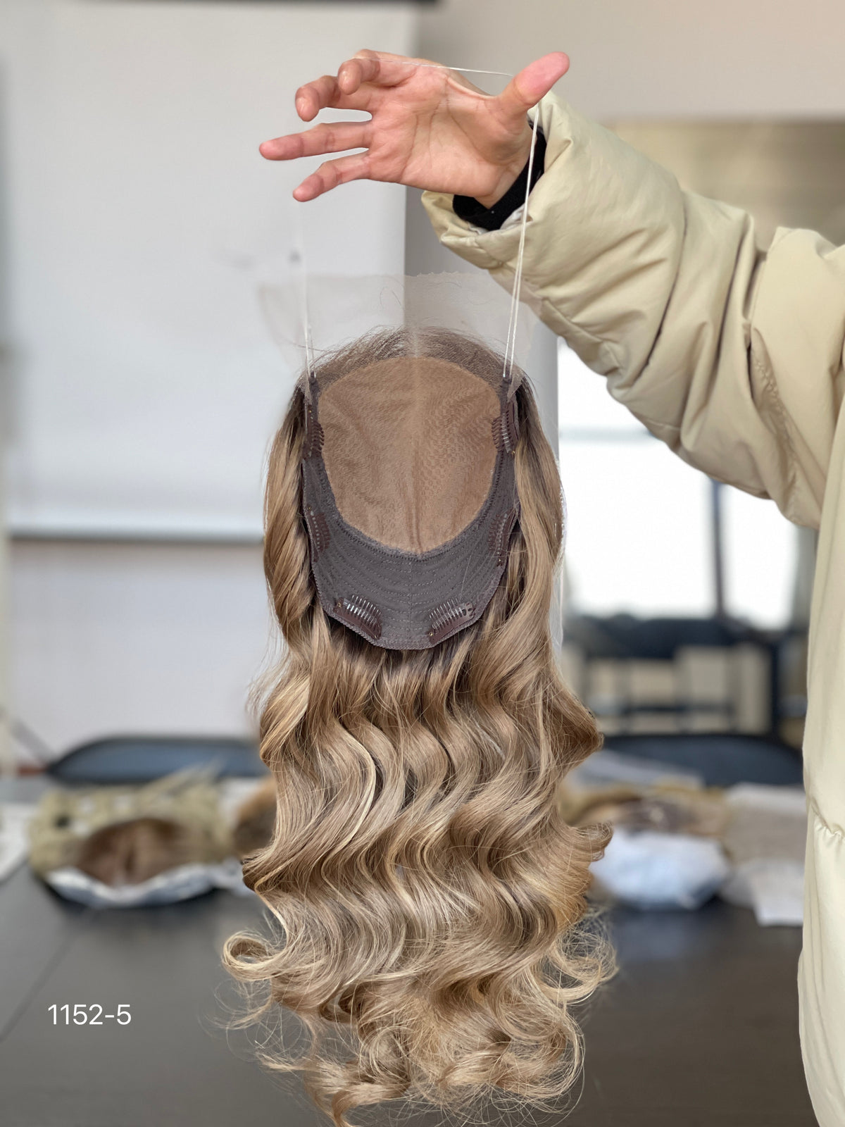 Chocolate Brown Dark-Root Long Wavy Human Hair Topper Mini Wig, product view 6
