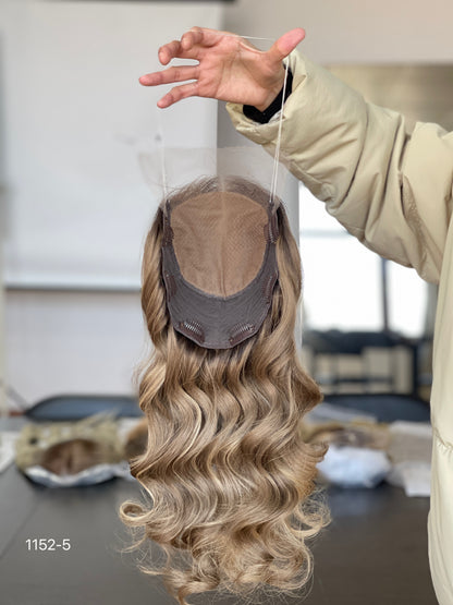 Chocolate Brown Dark-Root Long Wavy Human Hair Topper Mini Wig, product view 6