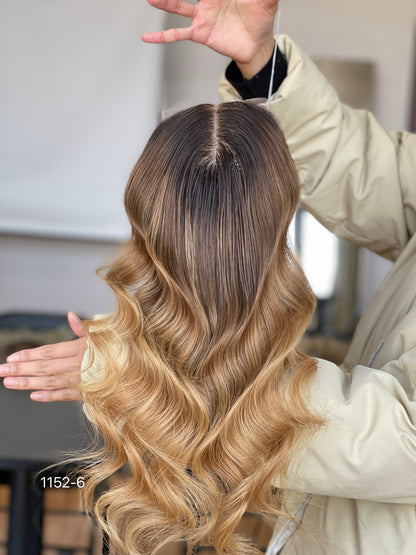 Chocolate Brown Dark-Root Caramel Highlighted Long Wavy Human Hair Topper Mini Wig, product view 5