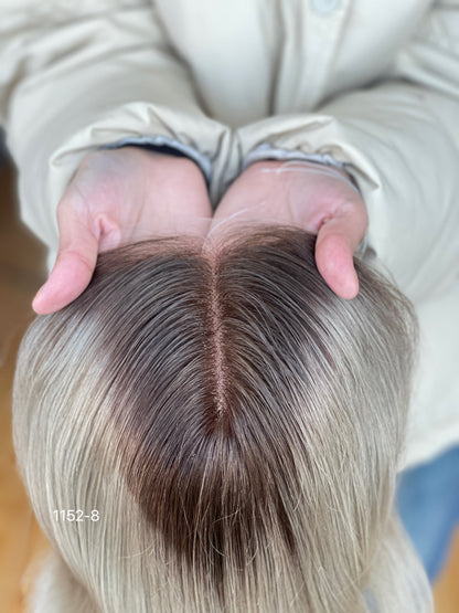Chocolate Brown Dark-Root Blonde Highlighted Long Wavy Human Hair Topper Mini Wig, product view 5