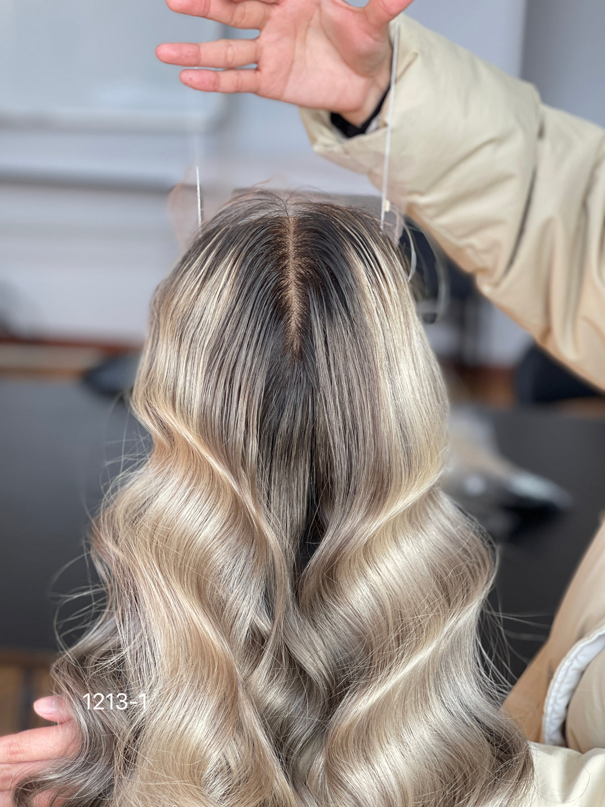 Ash Brown Dark-Root Blonde Highlighted Long Wavy Human Hair Topper Mini Wig, product view 6