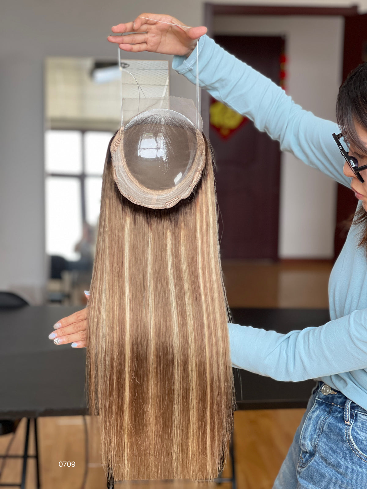 Ash Brown Dark-Root Long Straight Human Hair Topper Mini Wig, product view 5